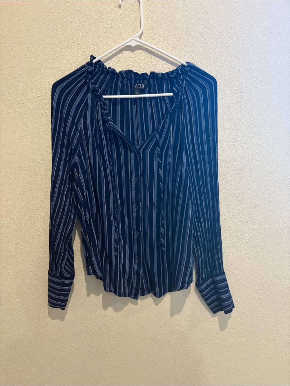 a.n.a Navy and White Striped Button-Front Women's Blouse